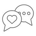 Love chat thin line icon, valentine and holiday, speech bubble message sign, vector graphics, a linear pattern on a