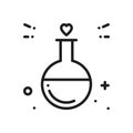 Love chemistry line icon. Test tube love fluid reaction laboratory bottle science romantic love theme. Heart shape