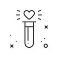 Love chemistry line icon. Test tube love fluid reaction laboratory bottle science romantic love theme. Heart shape