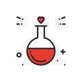 Love chemistry line icon. Test tube love fluid reaction laboratory bottle science romantic love theme. Heart shape