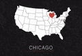 Love Chicago Picture. Map of United States with Heart as City Point. Vector Stock Illustration