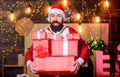 We love Christmas. bearded santa deliver presents. Christmas shopping. winter shopping sales. Cheerful elf. bearded man Royalty Free Stock Photo