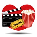 Love Cinema concept. Clapper board, cinema ticket and pop corn. Vector illustration.