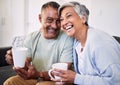 Love, coffee cup or senior couple laughing, talk and enjoy funny conversation, morning drink or home humour. Morning tea Royalty Free Stock Photo