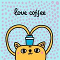 Love coffee hand drawn vector illustration in cartoon comic style cat holding hot cup head heart form arms Royalty Free Stock Photo