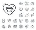 Love coffee line icon. Hot cappuccino cup sign. Heart with mug. Crepe, sweet popcorn and salad. Vector Royalty Free Stock Photo