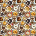 Love coffee seamless watercolor pattern with cups and mugs of hot drink