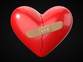 Love concept with broken heart. fixed with plaster. 3d illustration