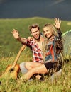 Love concept. Camping vacation. Camping in mountains. Family travel. Hiking romance. Couple in love happy relaxing Royalty Free Stock Photo