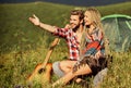 Love concept. Camping vacation. Camping in mountains. Family travel. Hiking romance. Summer vacation. Boyfriend Royalty Free Stock Photo