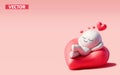 Love concept character falling in love smilling on Heart Sleeping cushion 3D vector on light pink background