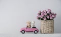 Love concept of couple teddy bear on pink toy car and paper rose Royalty Free Stock Photo