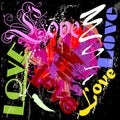 Love concept, with heart, word, letter, paint strokes and splashes, grungy