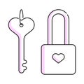 Love. Lock and key with heart shapes. Simple line art illustration. Vector file.