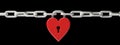 Love concept. Locked red heart padlock on metal chain isolated against black background. 3d illustration Royalty Free Stock Photo