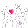 Love concept, Many growing hearts hand drawn continuous one line drawing, vibrant gradient and black line vector