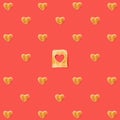 Love concept. Pattern made of many heart shaped toasts and one slice of toasted bread with a heart shaped hole in it . Flat lay Royalty Free Stock Photo