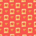 Love concept. Pattern made of slices of toasted bread with a heart shaped tost . Flat lay arrangement with red background