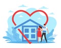 Love concept. Protection and comfort in home, emotional appeal of house, couple happy relationships, romantic hugs, man