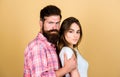 Love concept. Support protect marriage. Romantic coupe. Love feeling. So close. Man hug pretty woman. Bearded hipster Royalty Free Stock Photo