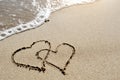 Love concept - two hearts drawn on the beach sand Royalty Free Stock Photo