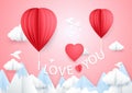 Love concept. Two hot air balloons flying with i love you words