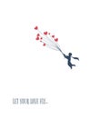 Love concept for valentine`s day, little boy flying with heart shape balloons. Royalty Free Stock Photo