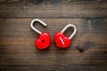 Love concept. Valentine`s day symbol. Locks in shape of heart o dark wooden background top view copy space Royalty Free Stock Photo