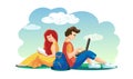 Vector Lovers boy and girl together spend time. Woman reading book Man working on laptop Students sitting on grass.