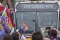 Love Conquers Hate gay pride parade bus in Portland, Oregon. Royalty Free Stock Photo