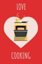 Love cooking flat poster vector template. Culinary banner design, recipe book cover concept. Kitchen stove and open oven