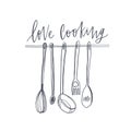 Love Cooking text written with elegant font and kitchen utensils hanging on rail. Stylish lettering and tools for food