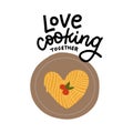 Love cooking together - lettering quote print with Spaghetti as a symbol of heart. Vector flat illustration of food.