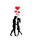 Couple Silhouettes and red hearts, Vector. Man and woman silhouettes hugging each other isolated on white background