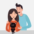 Love couple with black cat with bow. Happy young family. Woman and man smiling. Cute cartoon character set. People with animal.