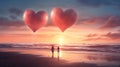 In love couple boy and girl on the beach at sunset above them hearts red balloons. Heart as a symbol of affn and love Royalty Free Stock Photo