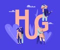 Love Couple Character Dating Hug Typography Banner. Happy Guy Romance Relationship with Girlfriend. Woman Man Romantic Royalty Free Stock Photo