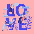 Love Couple Character Dating Typography Banner. Happy Lover Hug, Kiss, Sitting on Park Bench. Woman Man Romantic Flirt