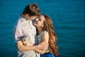 In love couple, Couple kissing happiness fun. Interracial young couple embracing laughing on date. Caucasian Royalty Free Stock Photo