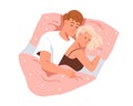 Love couple dreaming together in bed. Asleep people, romantic partners. Husband hugging wife in sleep. Man and woman