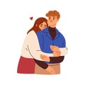 Love couple embracing. Happy young woman hugging man valentine with tenderness, affection, standing behind. Characters