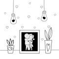 Love couple family pictured in frame. Cozy photo frame in interior. Flowerpots, light bulbs, wallpaper heart line