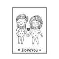 Love couple family postcard. Cozy photo heart frame. Inscription i love you, black line isolated on white background