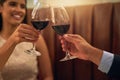 Love, couple and hands for cheers with wine, restaurant and celebrate Valentines day, happiness or quality time. Romance Royalty Free Stock Photo