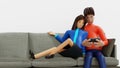 Love couple man and woman laying vdo game on couch together, romantic valentine day, 3D rendering character