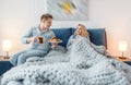 Love couple having romantic breakfast in bed Royalty Free Stock Photo