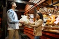 Love couple holds soft toy in amusement park Royalty Free Stock Photo