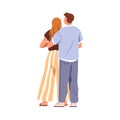 Love couple hugging, back view. Man and woman standing, embracing from behind. Enamored people, valentines in romantic