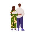 Love couple hugging, standing, back view. Romantic man and woman partners embracing from behind, looking together. Sweet Royalty Free Stock Photo