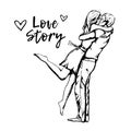 Love couple kiss.  Boy and girl in Valentines day. Hand drawn engraving style illustrations Royalty Free Stock Photo